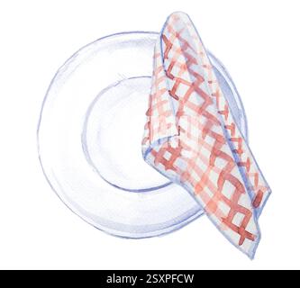 Empty plate with kitchen towel illustration isolated on a white background. Hand painted menu concept clipart. Cook book design. Stock Photo