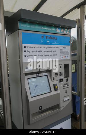 Automatic ticket machine on the platform at Foxton station, an unmanned railway station in Cambridgeshire, England Stock Photo