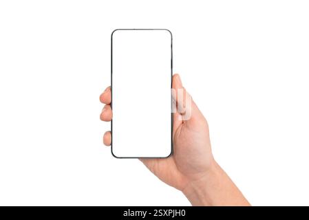 Hand holding modern smartphone, isolated mockup on white background Stock Photo