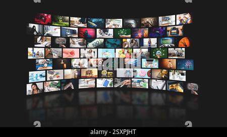 Media concept multiple television screens. Media library streaming service concept Stock Photo