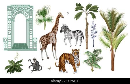 Architectural arch, portal, animals and tropic trees isolated. Vector ...