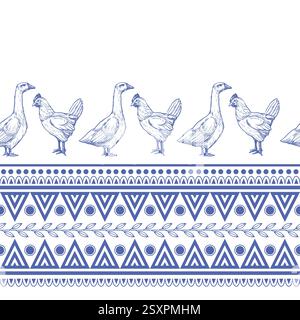 Seamless pattern with chicken, goose and geometrical ornament. Vector. Stock Vector