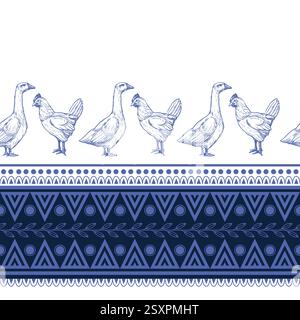 Seamless pattern with chicken, goose and geometrical ornament. Vector. Stock Vector