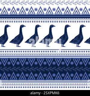 Seamless pattern with chicken, goose and geometrical ornament. Vector. Stock Vector