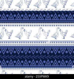 Seamless pattern with chicken, goose and geometrical ornament. Vector. Stock Vector