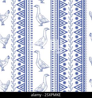 Seamless pattern with chicken, goose and geometrical ornament. Vector. Stock Vector