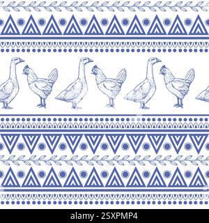 Seamless pattern with chicken, goose and geometrical ornament. Vector. Stock Vector