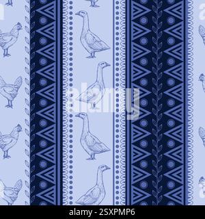 Seamless pattern with chicken, goose and geometrical ornament. Vector. Stock Vector