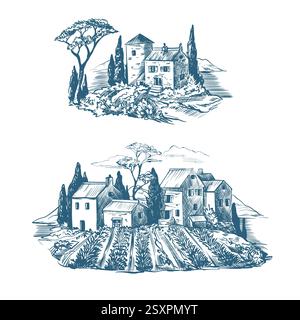 Medieval houses and mill in Toile style. Vector. Stock Vector