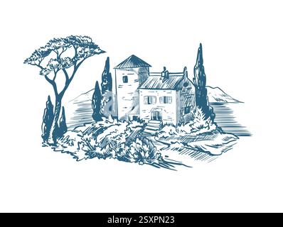 Medieval houses and mill in Toile style. Vector. Stock Vector