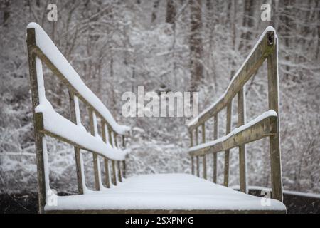 Snowy bridge in winter after fresh snow fall Stock Photo