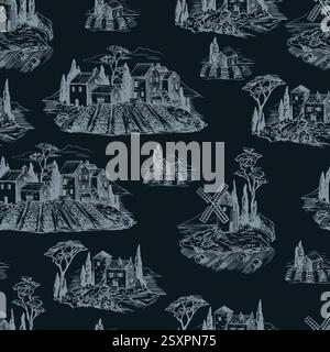 Seamless pattern with medieval houses and mill in Toile style. Vector. Stock Vector