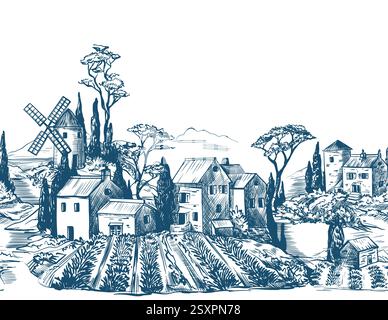 Border with medieval houses and mill in Toile style. Vector. Stock Vector