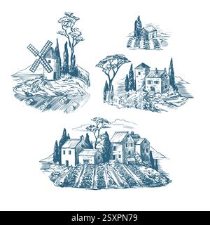 Medieval houses and mill in Toile style. Vector Stock Vector