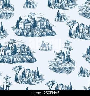 Seamless pattern with medieval houses and mill in Toile style. Vector. Stock Vector