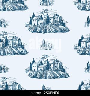 Seamless pattern with medieval houses and mill in Toile style. Vector. Stock Vector
