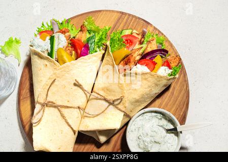 Greek chicken gyros wrap with vegetables and tzatziki sauce close up. Healthy greek food. Doner kebab in homemade pita bread. Stock Photo