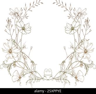 Field, meadow, wild flowers and herbs cosmos and other, butterfly. Line art is a simple hand-drawn illustration in beige, ochre, brown ink. Circle Stock Vector