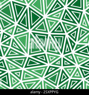 Vector science background. Medium triangles size. Solid shapes in frames. Monotone style. Repeatable pattern. Vibrant vector tiles. Deep green hue. Stock Vector