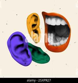 Contemporary art design. Mouth with bright lips speaking to colorful ears floating against textured background. Concept of communication Stock Photo