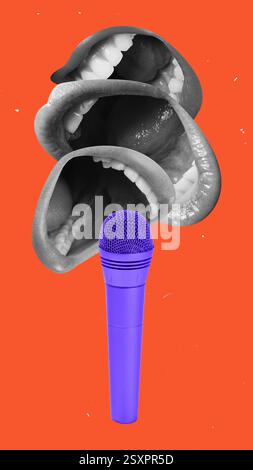 Modern art collage. Multiple open mouths speaking towards vibrant microphone on red background. Concept of leadership, professional discussions. Stock Photo