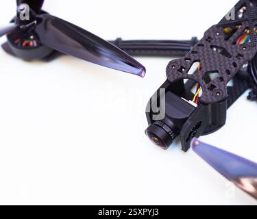 FPV drone in production on white background. Stock Photo