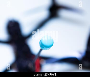 FPV drone in production on white background. Stock Photo