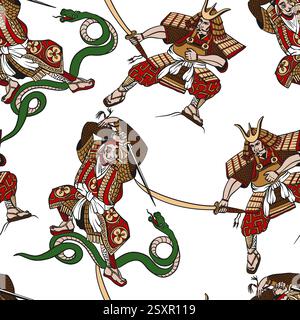 Seamless pattern with samurai in graphic style. Vector. Stock Vector