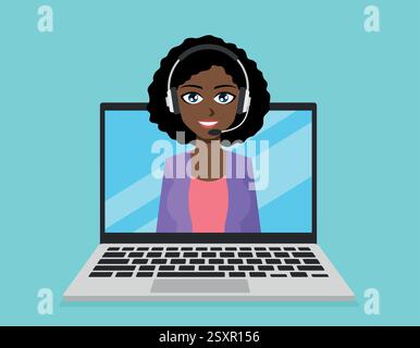 A customer service representative is on the screen of an open and turned on laptop. She is wearing headphones with a microphone. She is smiling and ta Stock Vector