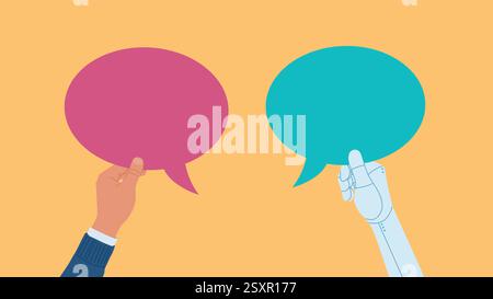 One hand of a male worker holds a speech bubble, while the other hand is cyber ai. Human collaboration with ai. Flat design Vector illustration. Stock Vector