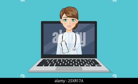 On the laptop screen there is a female doctor with brown hair, in a lab coat with a stethoscope. The figure is smiling and conducting an online consul Stock Vector