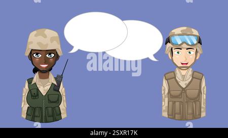 Graphics of a soldier and a female soldier with speech clouds. The characters are dressed in full combat gear, with helmets and bulletproof vests. Stock Vector