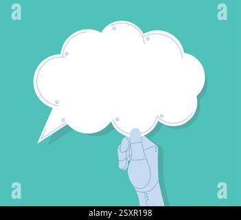 Robotic ai assistant hand holding speech bubble. Cloud has screws screwed into itself. Stock Vector