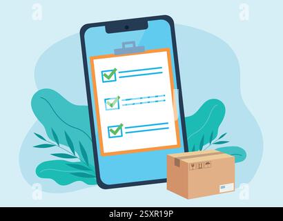A checklist with marked items is displayed on the mobile phone screen. A package is lying in front of the phone. Stock Vector