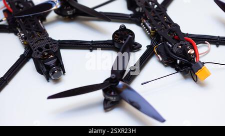 FPV drone in production on white background. Stock Photo