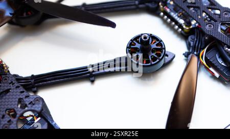 FPV drone in production on white background. Stock Photo