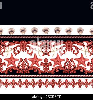 Border with baroque elements, rope, sea stars. Vector. Stock Vector