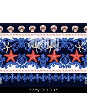 Border with baroque elements, rope, sea stars. Vector. Stock Vector