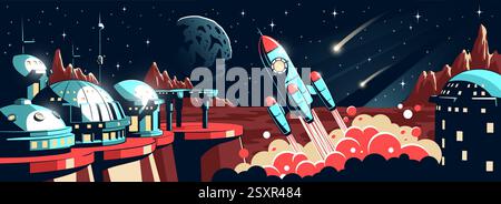 Rocket launches from futuristic base on distant planet during vibrant cosmic scene with celestial bodies Stock Vector