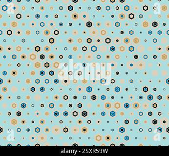 Seamless hexagon background. Multicolored geometric elements of varied size. Plain hexagon frames. Honeycomb geometric shapes. Tileable pattern. Stock Vector