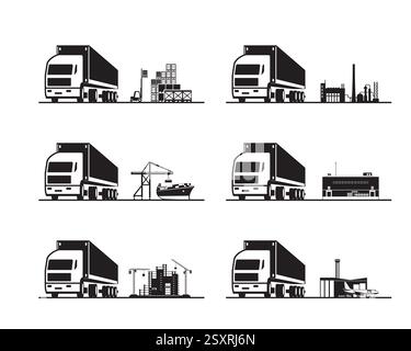 Trucks with cargo containers for different industries - vector illustration Stock Vector
