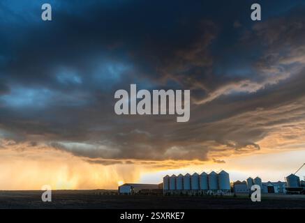 Heavy rain falling on a farm at sunset, creating a dramatic and beautiful scene Stock Photo