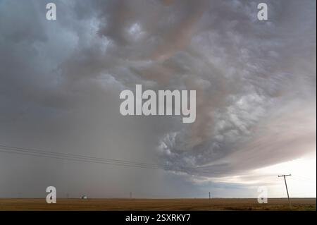 Imminent supercell thunderstorm forming over the vast plains, creating a dramatic and ominous sky Stock Photo