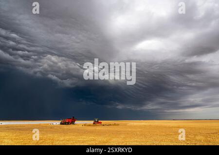 Dramatic shelf cloud forming over farmland with agricultural machinery Stock Photo