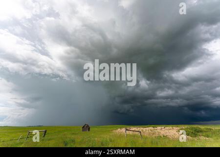 Ominous dark storm clouds forming a supercell thunderstorm are gathering over a green field and an abandoned house in the canadian prairies Stock Photo
