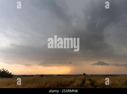 Dark storm clouds gathering over a peaceful field at sunset, creating a dramatic contrast Stock Photo