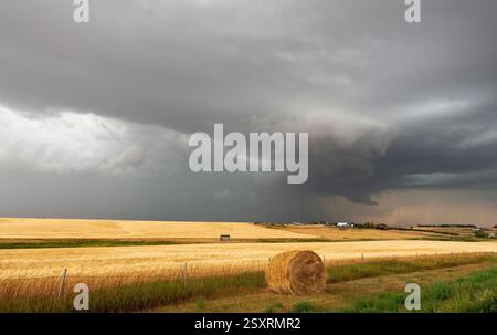 Dark storm clouds forming over a golden wheat field with hay bales, creating a dramatic and ominous scene in the countryside Stock Photo