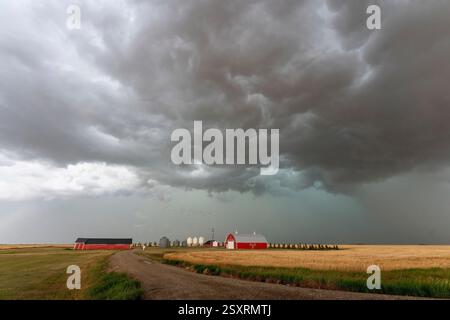 Dramatic storm clouds forming over a farm in the canadian prairies Stock Photo