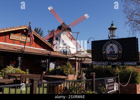 Solvang, California, USA. 23rd Feb, 2025. Solvang, California is a popular central California destination for tourists enticed by Danish pastries, Scandinavian windmills, and its downtown main street called Copenhagen Drive. The town has been receiving attention lately due to President Trump's stated desire to purchase Greenland, a semi-autonomous territory of Denmark. (Credit Image: © Jonathan Alcorn/ZUMA Press Wire) EDITORIAL USAGE ONLY! Not for Commercial USAGE! Stock Photo