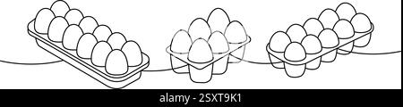 Chicken eggs in boxes one line continuous drawing. Boiled eggs, broken eggshell, omelette, protein and yolk. Vector illustration Stock Vector